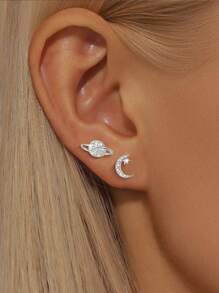 1 Pair 925 Sterling Silver Asymmetric Moon & Star Stud Earrings, Unique Personalized Design Small Earrings, Suitable For Party Events, Holiday Gifts