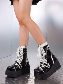 Goth Punk Women's Chain Platform Boots Platform Wedge Ankle Boots Goth Patent Lace Up Boot Chain Strappy Booties Lace Up&Zipper Combat Boots