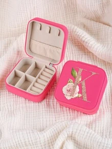1pc Caixa de joias rosa com flores rosas, caixa de joias de viagem da moda com letras de ouro rosa, caixa de joias de viagem de presente personalizada, presentes de aniversário para mulheres, presentes de Natal para meninas adolescentes, iniciais, caixa de joias de viagem A-Z