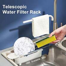 Organizador ajustable y telescópico para el fregadero con drenaje rápido y base antideslizante - Estantería de almacenamiento multifuncional para el fregadero de la cocina, encimera del baño, autocaravanas, cocina al aire libre y organización de espacios reducidos | Soporte expandible para esponjas