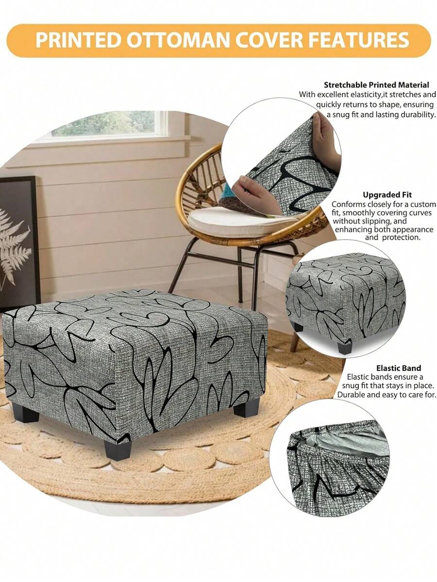 1pc Stretch Rectangular Footstool Cover Printed Footrest Cover, Fits Footstools/Ottomans, With Non-Slip Elastic Bottom - Multicolor - View 1