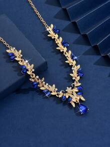 1pc Fashionable & Elegant Crystal & Rhinestone Pendant Necklace, Women Jewelry, Bridal Accessory For Party, Event, Gift - biru keemasan - View 3