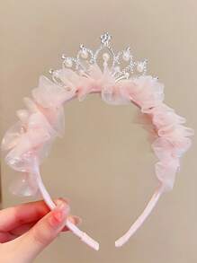 1 件儿童头饰皇冠珍珠蕾丝头带，可爱公主防滑发饰，女孩生日派对 - 彩色 - 查看 5