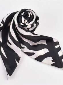 1pc Square Satin Paisley Print Women's Headscarf Scarf Bag Accessory - Black and White Zebra - View 3