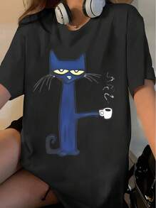 180g Loose Single-Sided Short-Sleeved Pure Cotton Printed T-Shirt Tops Pure Cotton Short-Sleeved 100% " Cat Coffee Women's Short Sleeve Graphic" Suitable For Women's Tops In Spring And Summer. Retro Street Y2K Lifestyle Sports T-Shirt. Unisex Casual Round Neck T-Shirt Suitable For Women's Tops In Spring And Summer - màu đen - Xem 1
