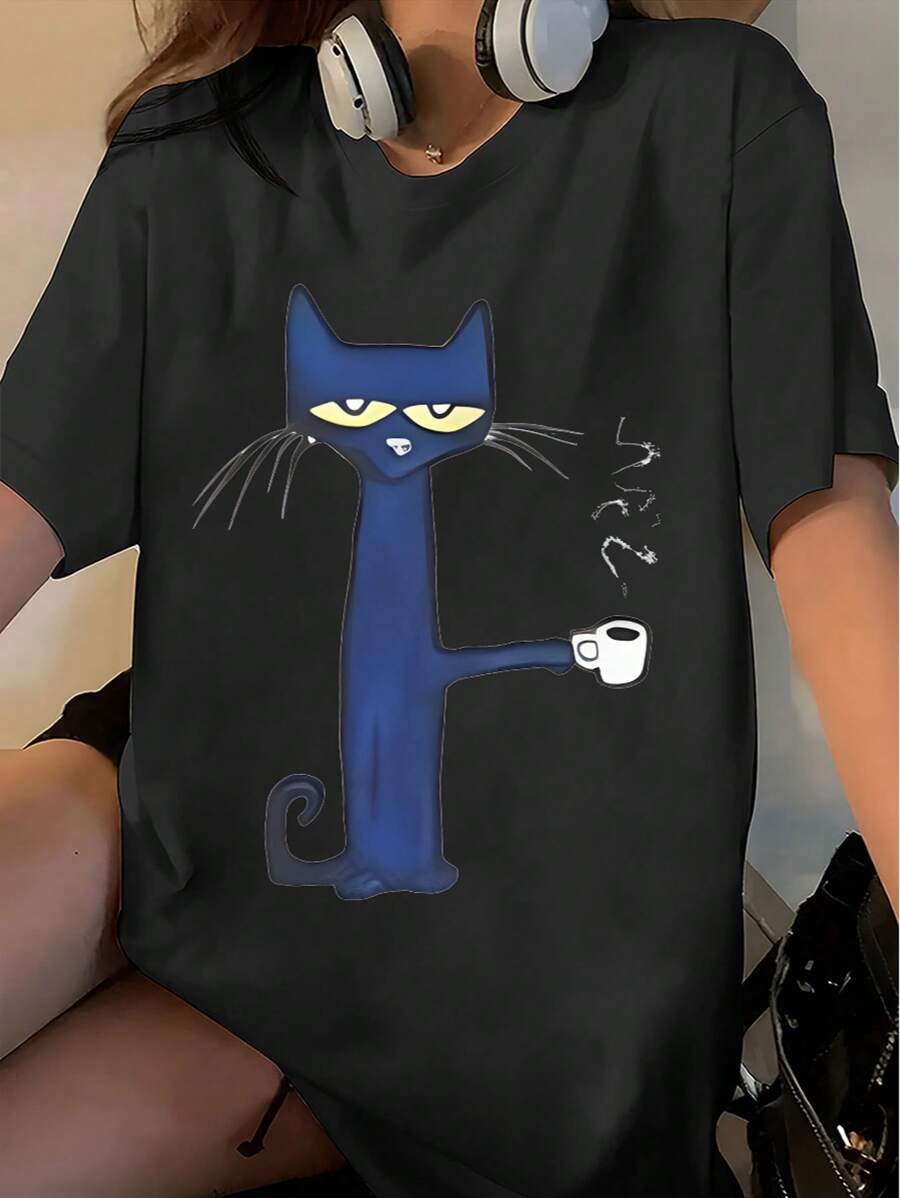 180g Loose Single-Sided Short-Sleeved Pure Cotton Printed T-Shirt Tops Pure Cotton Short-Sleeved 100% " Cat Coffee Women's Short Sleeve Graphic" Suitable For Women's Tops In Spring And Summer. Retro Street Y2K Lifestyle Sports T-Shirt. Unisex Casual Round Neck T-Shirt Suitable For Women's Tops In Spring And Summer - màu đen - Xem 1