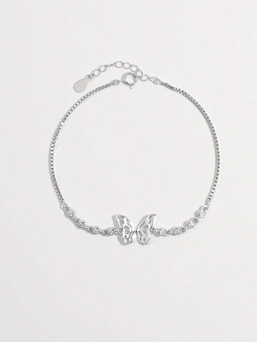 Vaerine 1 件时尚优雅简约精致闪亮 925 纯银镂空蝴蝶设计手链，适合女性在约会、派对、婚礼、展示魅力、礼物时佩戴 - 銀色 - 查看 1