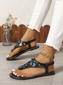Damskie sandały z okrągłym noskiem i płaskim paskiem z metalową powłoką i brokatem, miękka podeszwa, antypoślizgowe, eleganckie, wakacyjne, codzienne sandały, odpowiednie do codziennego noszenia, randek, spotkań, imprez na plaży, festiwali muzycznych - Czarne - Zobacz 5