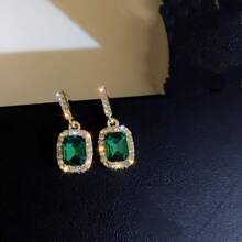 1 Pair Shiny Green Cubic Zirconia Geometric Square Earrings, Minimalist Elegant Design
