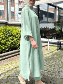 2 件套女士套装：纽扣领开衩衬衫连衣裙和裤子，端庄 - 綠色 - 查看 2