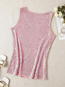 Sequin V-Neck Sleeveless Tank Top, Elegant Tank Top For Spring And Summer - Pink - View 2
