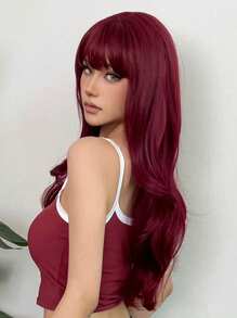 Long Curly Red Wig With Bangs - Elegant Style, Women'S Rose Net Cap, High Temperature Fiber Hair Material For Daily Party Cosplay Color Wig - Red - View 5