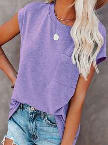 Women's Solid Color Batwing Sleeve T-Shirt, Summer Loose Casual Top With Pocket Patchwork - Lavender Purple - View 3