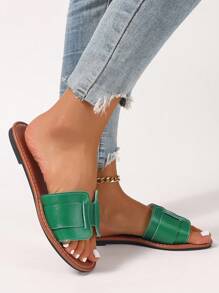 Korean Style Casual Flat Sandals For Women, Summer Open Toe Slip On Flats, Spring/Summer New Woven Roman Style Sandals, Fashion French Style Ladies Sandals Suitable For Dresses, Beach, Apartment, Brown Flat Single Strap - Green - View 3