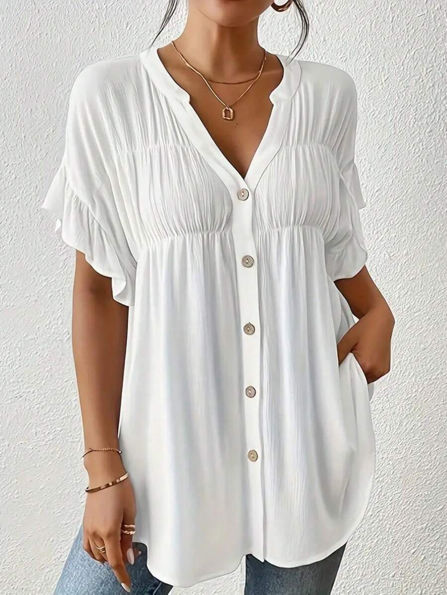 女士 V 领纽扣沙滩罩衫，短袖，休闲夏季沙滩衬衫