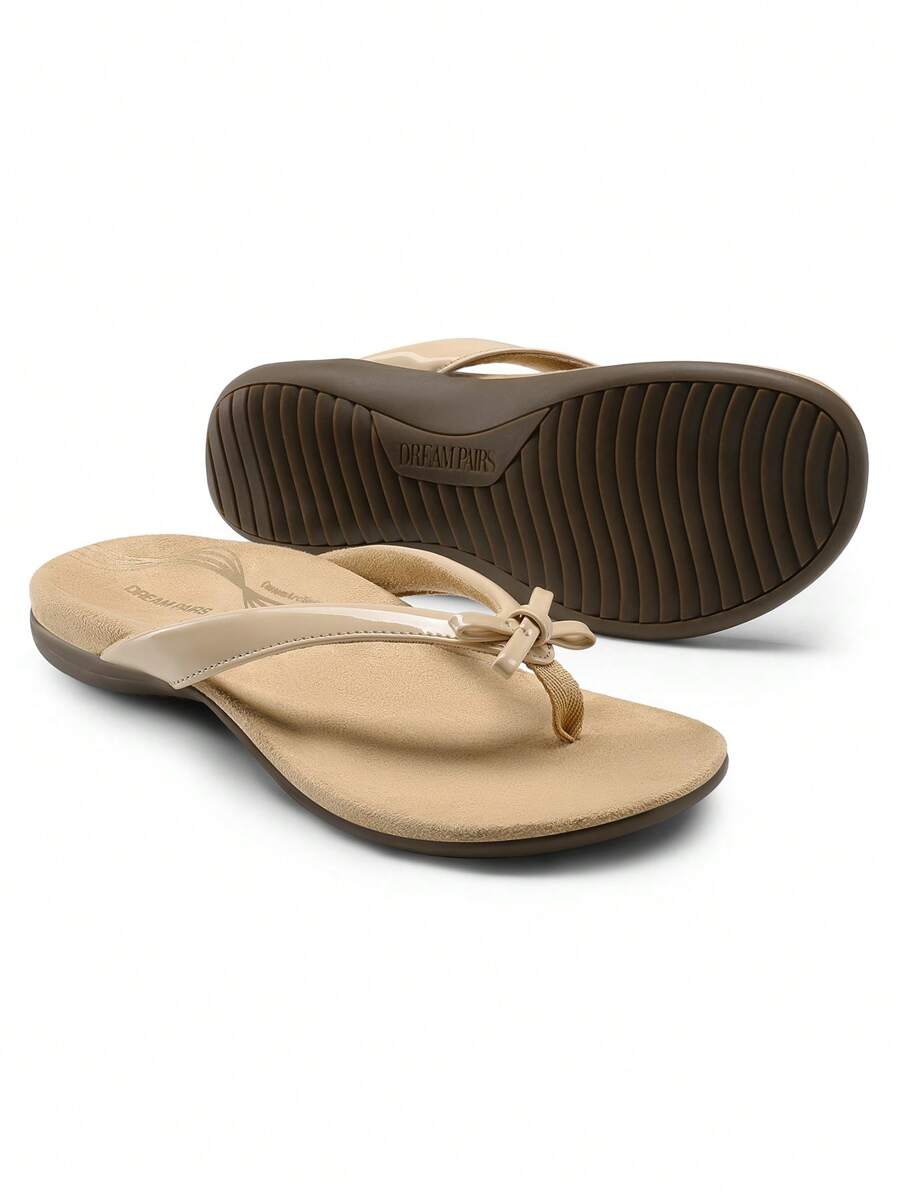 Women's Low Wedge Flip Flops Bow Knot Arch Support Orthopedic Thong Slides Sandals Comfortable Dress Walking Summer Vacation Sandals Shoes - Màu be - Xem 1