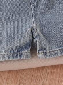 Set 2 buc. pentru fete preadolescente, tricou casual cu guler rotund și imprimeu solid și funde, pantaloni scurți din denim cu funde, vară - alb - Vizualizare 4