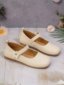 1 Đôi giày bệt cho bé gái, đế PU có móc và vòng hoa, mũi tròn, đế TPR chống trượt, nhẹ, thoải mái, màu trơn, phù hợp cho học sinh từ 5-14 tuổi, dùng ở nhà, đi học, ngày lễ và biểu diễn - Màu be - Xem 3
