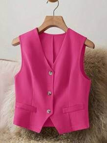 女士优雅无袖 V 领西装外套，时尚前扣背心外套，适合所有季节 - 玫紅色 - 查看 2