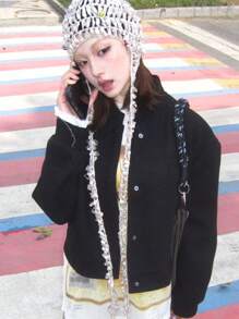 OUTTA BOX Single-Breasted Pocket Long Sleeve Stand Collar Drop Shoulder Solid Color Wool Blend Baseball Jacket, Fashionable & Elegant Casual Suitable For Home, Daily Wear, Party, Autumn/Winter, Christmas, New Year