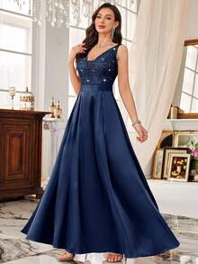 MIUSOL Vestido Longo de Festa Formal Cetim Linha A com Gola V Profunda, Lantejoulas, Renda Floral e Sem Manga - Azul Marinho - Visão 5