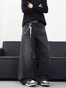 Hearty Haven 1pc Casual Loose Fit Vintage Washed Wide Leg Men's Jeans - Black - View 6