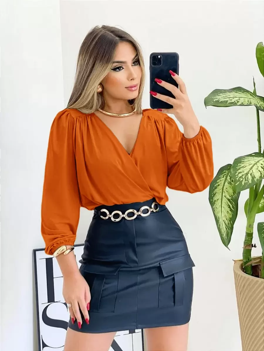 Women's Long Sleeve Suplex Blouse With V-Neckline For Winter - 彩色 - 查看 1