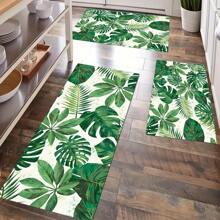 1pc Green Plant Printed Anti-Slip Silicone Mud Kitchen Rug, 3D Rectangular Carpet For Living Room, Bedroom, Corridor, Bathroom, Laundry Room - Polyester, Suitable For Indoor And Outdoor Home Decor