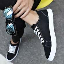 Los hombres casuales zapatos de lona de fondo plano de cordones zapatos de los hombres versión coreana de los zapatos de correr transpirable - Negro - Ver 5