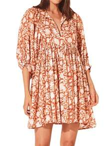 Women Mini Dress, Half Sleeve Lacing Flower Print Pleated Loose Summer Dress For Casual Daily - 米色 - 查看 1