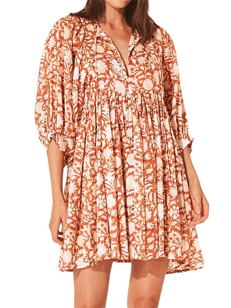 Women Mini Dress, Half Sleeve Lacing Flower Print Pleated Loose Summer Dress For Casual Daily - 米色 - 查看 1