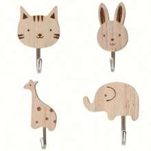 4 pièces de crochets en forme d'animaux en bois, à fixer au mur, installation facile, rangement pour manteaux, serviettes, écharpes, sacs - design mignon d'éléphant, chat, lapin, girafe