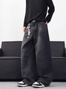 Hearty Haven 1pc Casual Loose Fit Vintage Washed Wide Leg Men's Jeans - Black - View 4