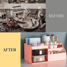Makeup Organizer, Cosmetic Desk Storage Box With Drawers Skincare Organizers For Dressing Table, Countertop, Bathroom Counter, Vanity Holder For Brushes, Lotions, Lipstick, Perfume - 粉紅色-透明 - 查看 4