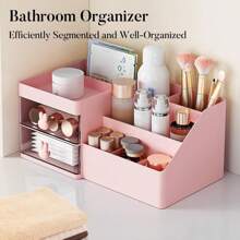 Makeup Organizer, Cosmetic Desk Storage Box With Drawers Skincare Organizers For Dressing Table, Countertop, Bathroom Counter, Vanity Holder For Brushes, Lotions, Lipstick, Perfume - 粉紅色-透明 - 查看 6