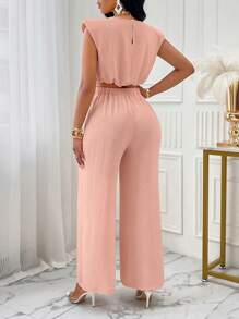 Amarilo Women's Casual Solid Shoulder Pad Round Neck Cropped Top & Wide Leg Pants Set - Pink - View 2