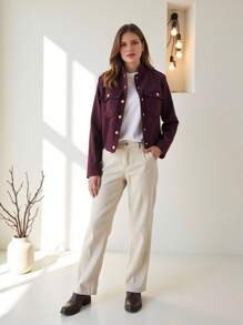 Women's Fashion Casual Back-To-School Autumn/Winter Wear With Solid Color Lapels, Long Sleeves, Pockets, Buttons, Single-Breasted Jackets Spring - Burgundy - View 9