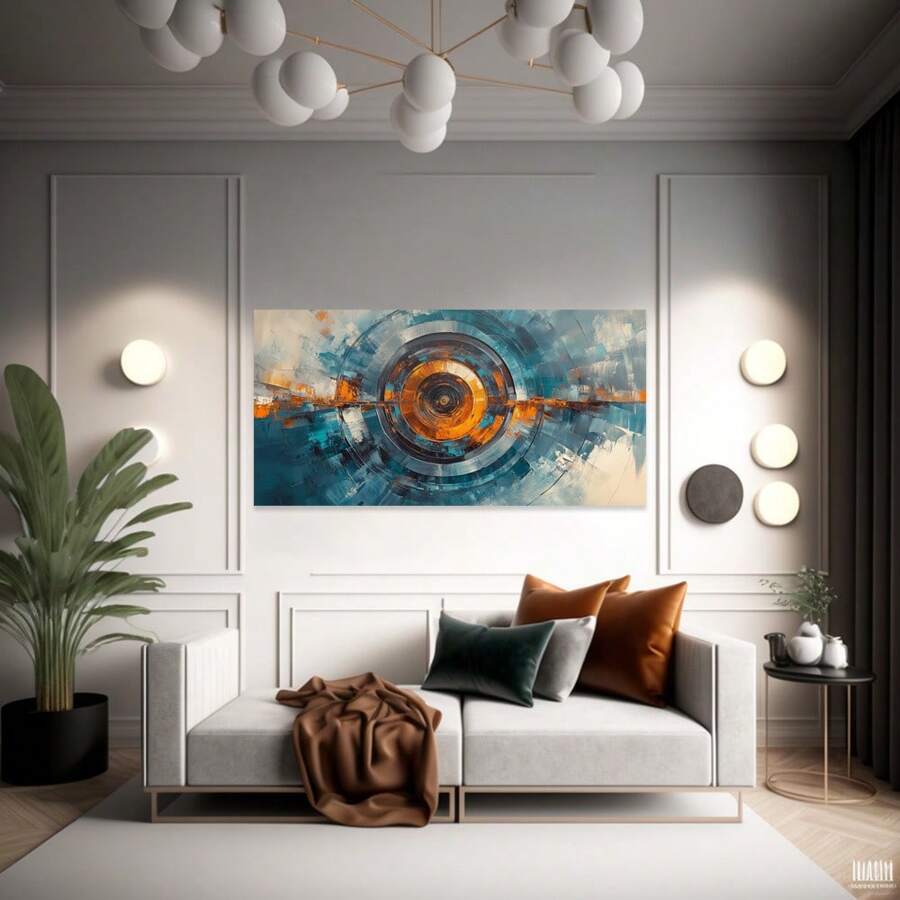Modern Abstract Circular Vortex Canvas Wall Art - 1.5" Wood Framed Horizontal Painting, Vibrant Blue Orange Yellow Green Black White Gray, High-Quality Print For Living Room Bedroom Office Kitchen Bathroom Home Decor, Bedroom Accent | Vibrant Home Decor | Dynamic Design - 24x48x1.5吋-帶框 - 查看 1