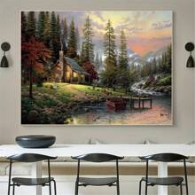 Lake Forest Wooden House Landscape Wall Art - Canvas Poster-1 Pc Wooden Framed Canvas Painting -  Thickness 2.25cm/0.9inch,Valentine's Day Decorations At Home,Valentine's Day,New Year,Home Gift Decoration, Room Decoration Aesthetic, Wall Decoration Art, Perfect Gift, Autumn And Winter Wall Decoration, Living Room Decoration, Bedroom Decoration, Kitchen Decoration, Entry Decoration, Bathroom Decoration, Direct Wall Painting, High Quality Wall Painting Poster ,Easter  Easter Decorations For Women - 彩色 - 查看 6