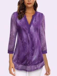 CheersLife 女士七分袖V领休闲连衣裙，配多层网纱腰带系带上衣，春季款 - 紫丁香色 - 查看 2