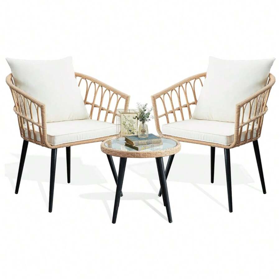 3 Pieces Of Outdoor Vine -Edited Furniture Sets, All -Weather Rattan Chair Chat Combinations, With A Round Table, Suitable For Gardens, Balconies, Backyard, Porch, Deck - Màu be - Xem 1