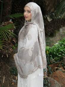 1pc Boho Women's Tassel Jacquard Scarf, Paisley Woven Shawl, Pashmina Stone Pattern Muslim Hijab, Pink Series With Elegant Patterns, Suitable As Gift, For Autumn And Winter Daily Wear