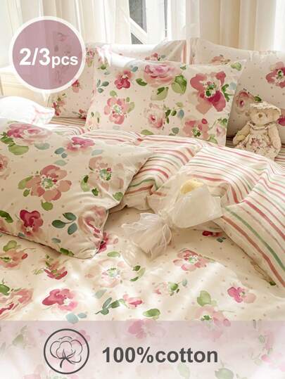 2/3pcs Flower Printing, Small Floral, Leaves, Cotton Anti-Pilling, Girls, Students, Fresh And Simple, Super Soft, Lovely, Four Seasons, Sanding Quilt Cover, Home Bedding, Kit, Excluding Quilt Core,Twin Queen King