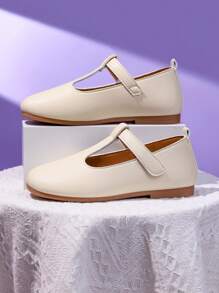 1 Pair Girl's Beige Flat Shoes, PU Material With Hook And Loop Adjustable Size Design, Round Toe, TPR Anti-Slip Comfortable Light-Weight Solid Color Dance Shoes, Suitable For Girls Aged 5-14, For School, Party, Outdoor Daily Casual Wear - Beige - View 5