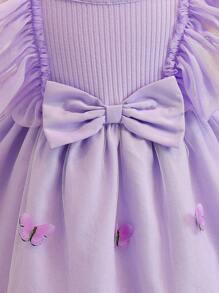 Đầm công chúa chữ A lưới cổ vuông viền bèo nhún dễ thương cho bé gái, thời trang đa năng ngọt ngào, thích hợp mặc hàng ngày, dự tiệc, đi chơi, xuân/hè - Màu tím - Xem 7