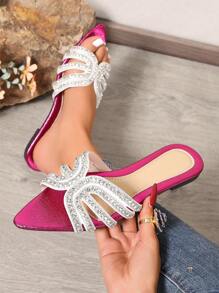 Crystal Pointed Toe Slippers, New Spring/Summer Stylish Casual Brand H Slide Sandals, Fashion Roman Slip-On Mules For Women,Beach Shoes - Purple - View 2