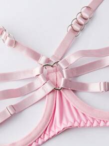 6pcs Cosplay Bunny Girl Halloween Costumes>Sexy Temptation Lingerie Set Stripper Outfits Party Outfit Black Or Pink Bandage Hollow Out Cozy Bra And Rabbit Plush Tail Panty Set Breast Gathers Pure Desire Underwear For Girls And Women Gift For Her - 粉色 - 查看 7