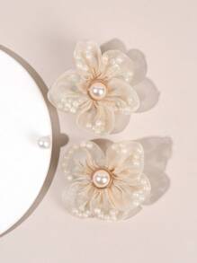 2 piezas Pinzas para el cabello con flor beige para mujeres y niñas, de unicolor con perlas, moño de malla, pinzas de cocodrilo, elegantes pinzas para el cabello con moño, accesorios para el cabello para vacaciones, bodas, fiestas y regalos