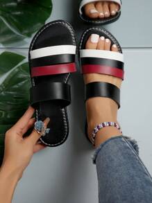 Women's European American Style Fashionable Color Block Elegant Outdoor Flat Slip-On Sandals, Summer Beach Sports Colorful Sandals