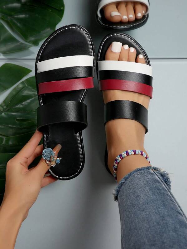 Women's European American Style Fashionable Color Block Elegant Outdoor Flat Slip-On Sandals, Summer Beach Sports Colorful Sandals